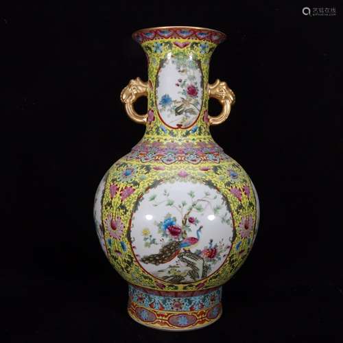 Colored enamel gold flowers and birds painting bottle27 * 52...