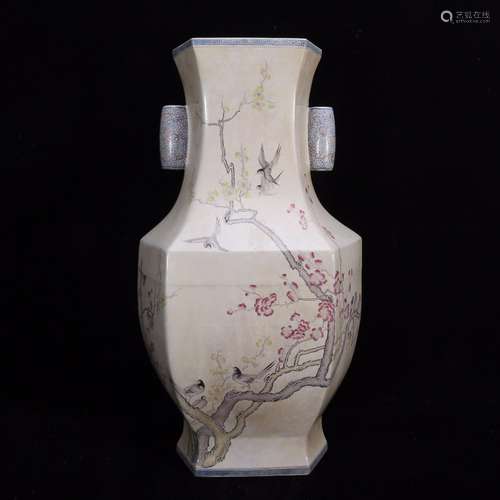 Paper glazed colored enamel twelve magpie mei vase with a pe...