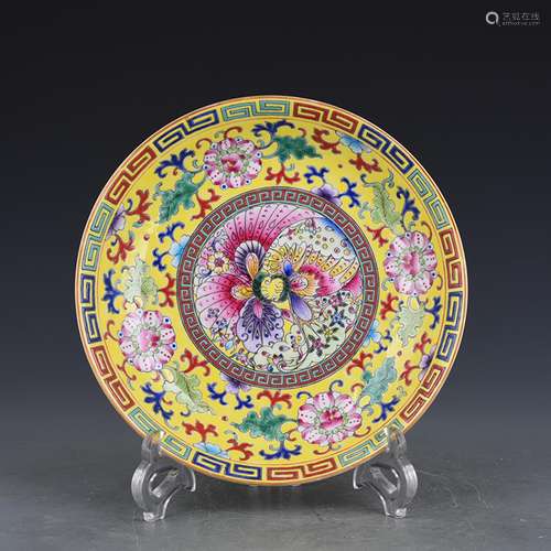 Yellow to enamel CaiTuan butterfly flower plate antique anti...