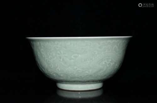 10 x21cm800 pea green glaze carving dragon bowl