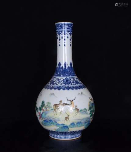 Blue and white enamel color landscape flask auspicious deer ...