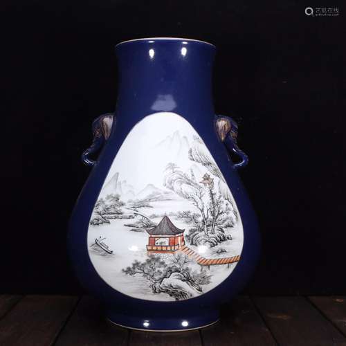 Ji blue glaze medallion color ink landscape lines like earsS...