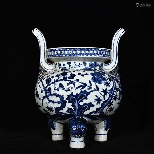 Blue and white, poetic shochiku MeiWen furnace with three le...