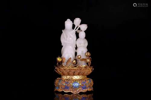 Silver and gold hetian jade guanyin boy furnishing articles,...