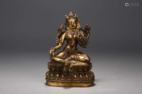 : copper and gold green tara's statue9 ㎝.7 ㎝ wide, 13.4 ...