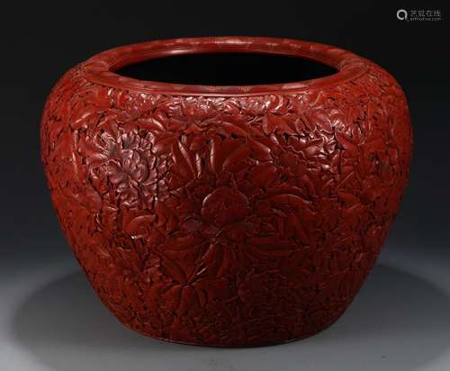 , carved lacquerware large pot of flowersSize, high 32.5 dia...