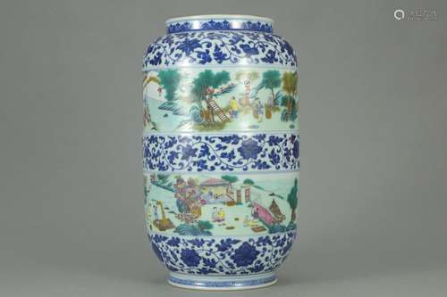 Figure lantern, "" blue and white enamel busy harv...