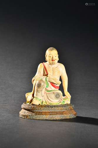 CHINESE POLYCHROME ENAMEL FURONG STONE FIGURE OF ARHAT