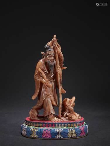 CHINESE SHOUSHAN STONE FIGURE OF FISHERMAN, 'YUANZHU'...