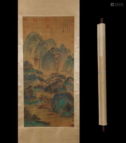 Wen landscape figure silk scroll 62 * 135