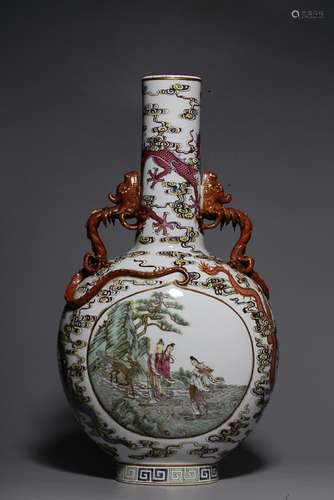 CHINESE FAMILLE-ROSE DRAGON-HANDLED VASE DEPICTING 'FIGU...