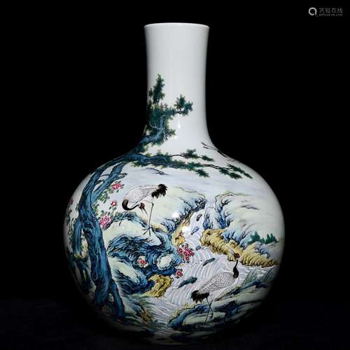 CHINESE FAMILLE-ROSE GLOBULAR VASE DEPICTING 'CRANE'...