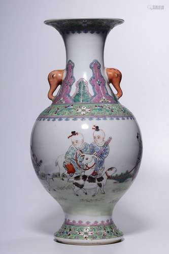 CHINESE FAMILLE-ROSE HANDLED VASE DEPICTING 'BOY AND GOA...