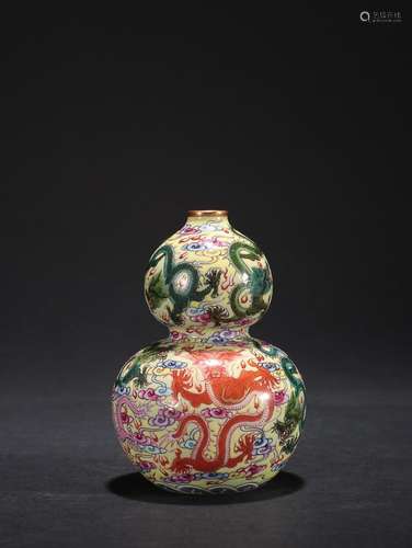 CHINESE YELLOW-GROUND FAMILLE-ROSE DOUBLE-GOURD VASE DEPICTI...