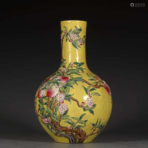 CHINESE YELLOW-GROUND FAMILLE-ROSE GLOBULAR VASE DEPICTING &...