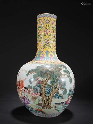 CHINESE YELLOW-GROUND FAMILLE-ROSE GLOBULAR VASE DEPICTING &...