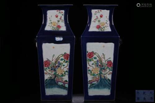 TWO CHINESE BLUE-GROUND FAMILLE-ROSE VASES DEPICTING 'BI...