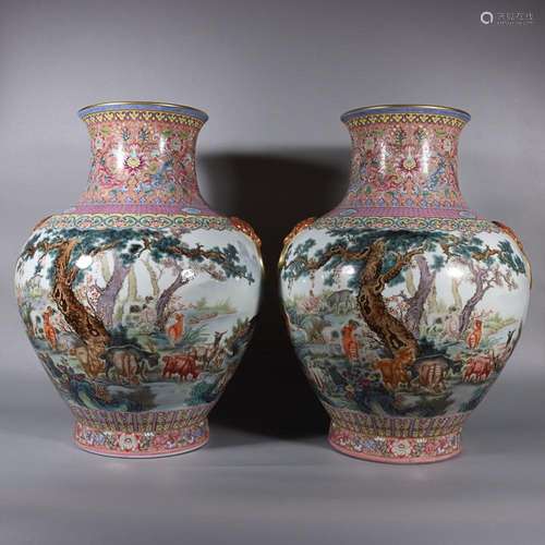 TWO CHINESE FAMILLE-ROSE HANDLED VASES DEPICTING 'HUNDRE...