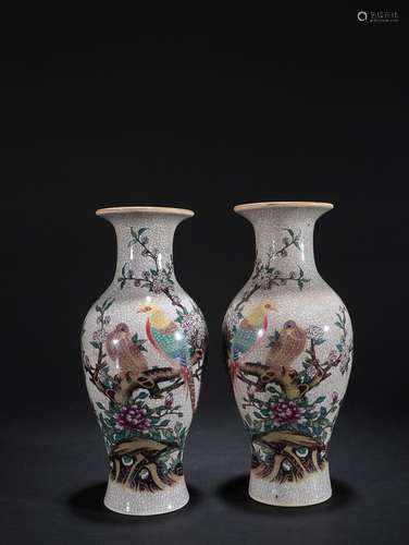 TWO CHINESE GE-WARE FAMILLE-ROSE VASES DEPICTING 'BIRD A...