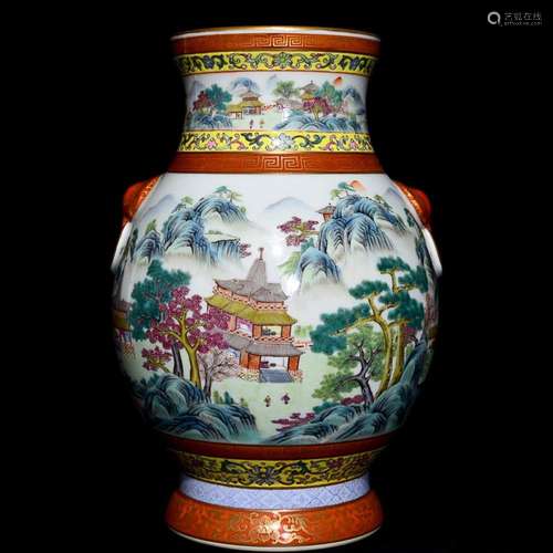 CHINESE FAMILLE-ROSE ELEPHANT-HANDLED ZUN VASE DEPICTING ...