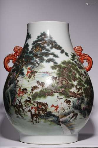 CHINESE FAMILLE-ROSE ZUN VASE DEPICTING 'HUNDRED DEER...