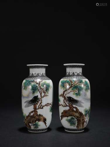 TWO CHINESE MOCAI AND FAMILLE-ROSE LANTERN-FORM VASES DEPICT...