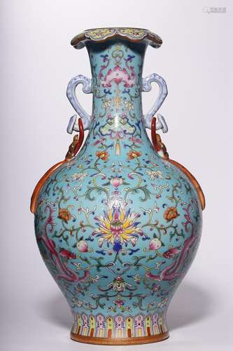 CHINESE TURQUOISE-GROUND YANGCAI HANDLED VASE DEPICTING '...