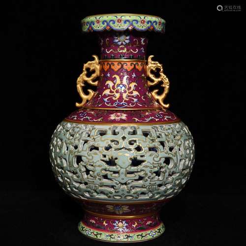 CHINESE YANGCAI OPENWORK HANDLED VASE DEPICTING 'FLORAL&...