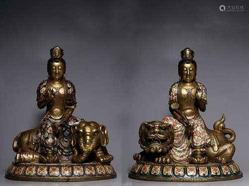 TWO CHINESE BRONZE-GLAZED FAMILLE-ROSE FIGUER OF MANJUSRI AN...