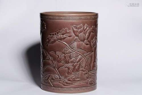 CHINESE PURPLE-GLAZED BRUSHPOT DEPICTING 'MANDARIN DUCK ...