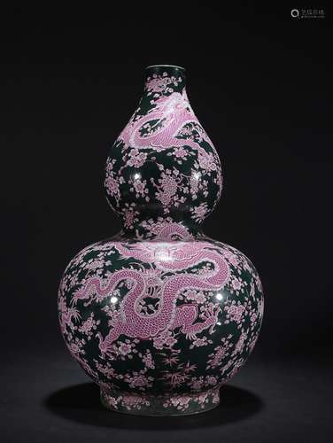 CHINESE BLACK-GROUND PUCE-GLAZED DOUBLE-GOURD VASE DEPICTING...