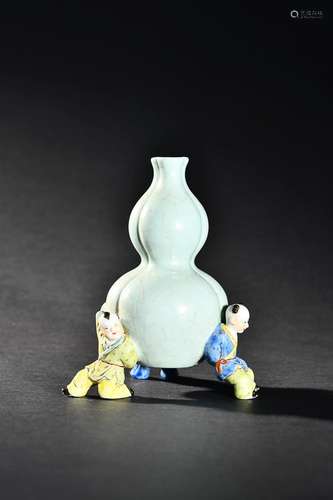 CHINESE CELADON-GLAZED FAMILLE-ROSE DOUBLE-GOURD VASE ON THR...