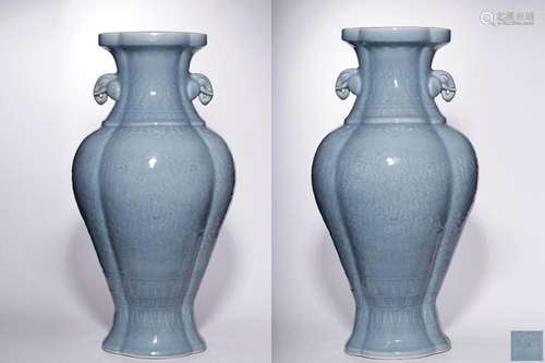 TWO CHINESE SKY-BLUE-GLAZED HANDLED FLUTED VASES DEPICTING &...