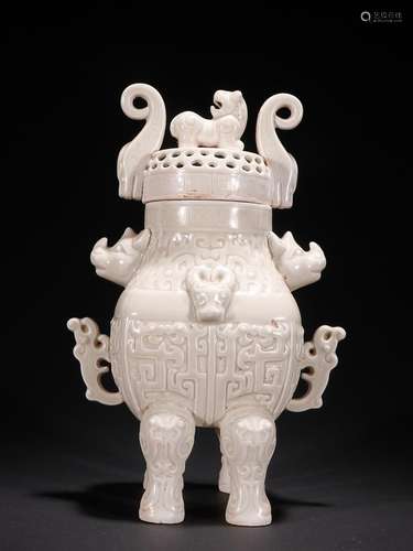 CHINESE DING-WARE OX-HANDLED INCENSE BURNER ON FOUR LEGS