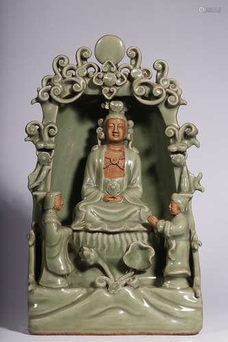 CHINESE LONGQUAN-WARE FIGURE OF GUANYIN IN SHRINE