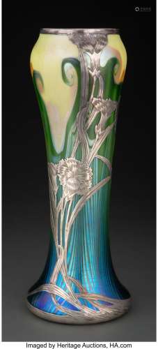 Quezal Decorated Iridescent Glass Vase with Silver Overlay, ...