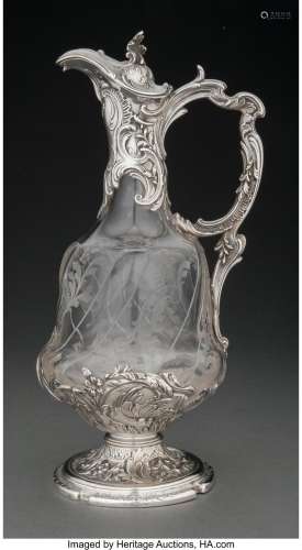 A Boulenger Silver and Acid-Etched Glass Wine Ewer, Paris, c...