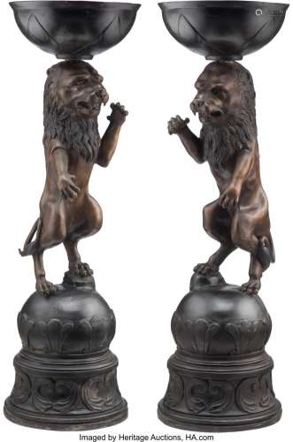 A Pair of Patinated Bronze Lion-Form Jardinières 45-1/2 x 14...