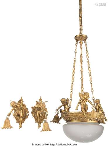 A Gilt Bronze Rococo-Style Hanging Fixture with Two Sconces ...