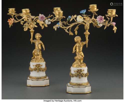 A Pair of French Louis XV-Style Gilt, Porcelain, and Marble ...