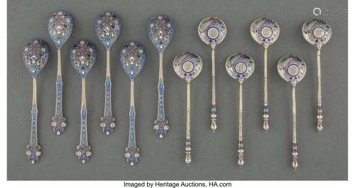 A Group of Twelve Russian Enameled Silver Teaspoons, Moscow,...