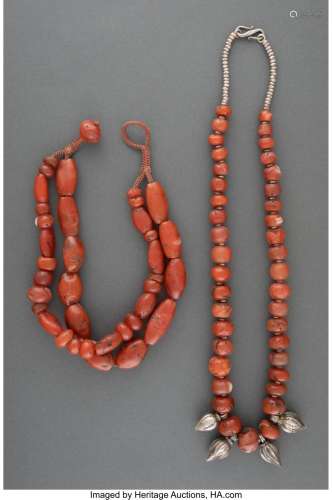 Two Tibetan Agate Bead Necklaces 15-1/4 inches (38.7 cm) (lo...