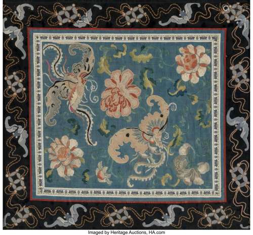 A Chinese Silk Embroidery 13-3/4 x 14-1/2 inches (34.9 x 36....