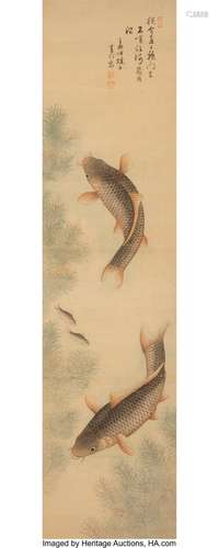 Korean School Fish Ink and color on silk 53-3/4 x 13-1/2 inc...