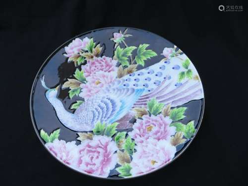 Lg Vintage Japanese Cloisonné Enamel Peacock & Flowers P...