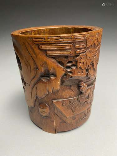 Antique Chinese Hand Work Carved Landscape Bamboo Brush Pot