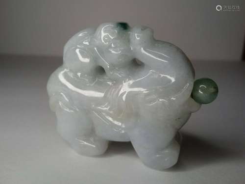 Chinese Elephant Monkey Carved Natural Green A Jadeite Jade ...