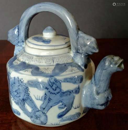 Chinese OLD Square Tea Pot Blue-White Porcelain Dragon Spout...