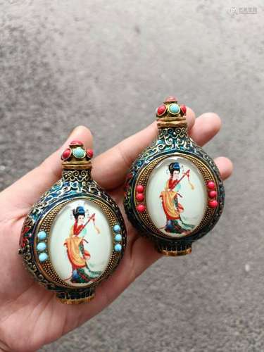 A pair of Old Peking Snuff Bottle decorations Inlaid gem Orn...