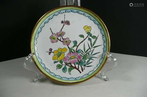 Antique Cloisonné Plate Bronze White Green Yellow Flowers Ch...